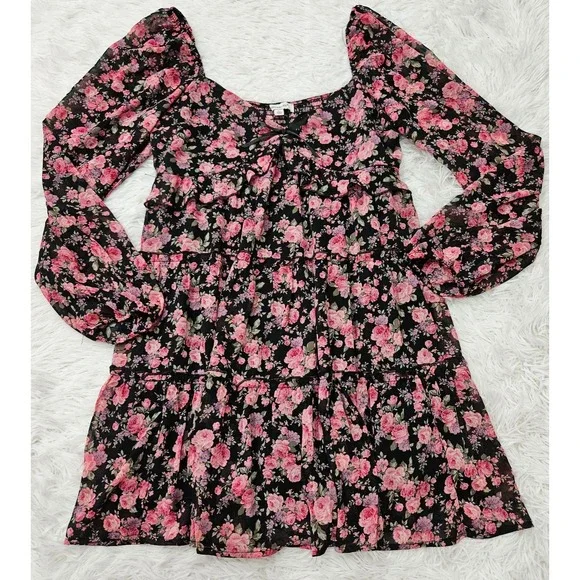 NWT Francesca's Sz L Pink Floral Babydoll Balloon Sleeve Tiered Mini Dress - Picture 3 of 11